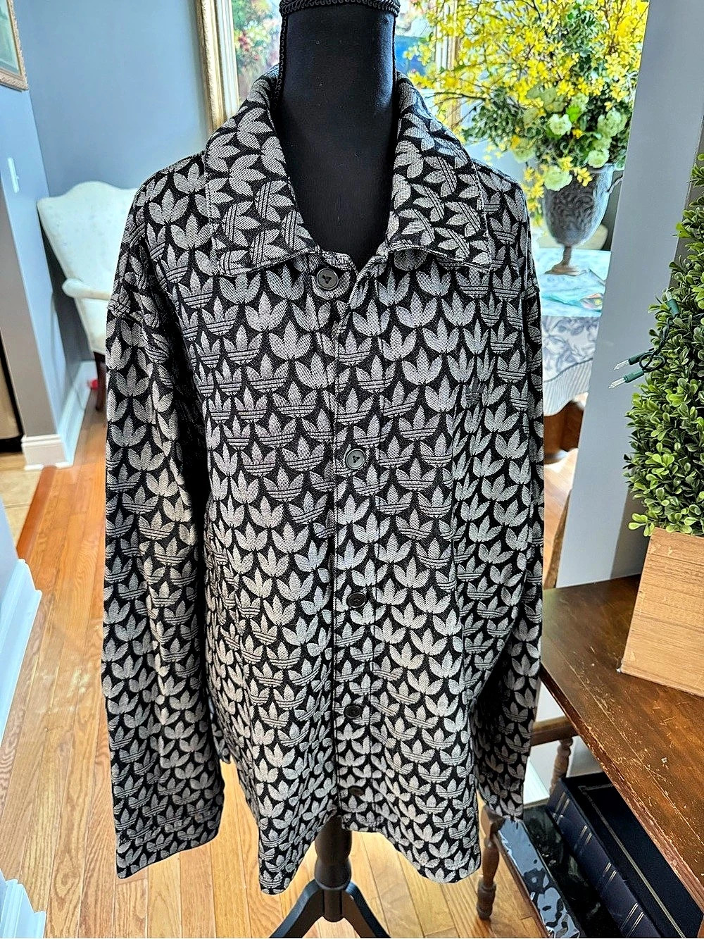 Adidas Monogram Allover Print Loose Coach Jacket Black & Gray